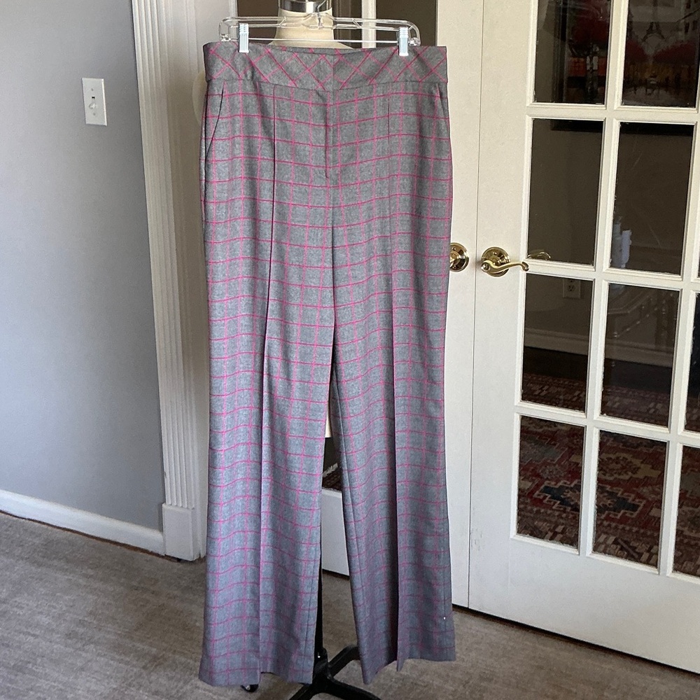 Gray Wide-Leg Plaid Pants with Pink Windowpane